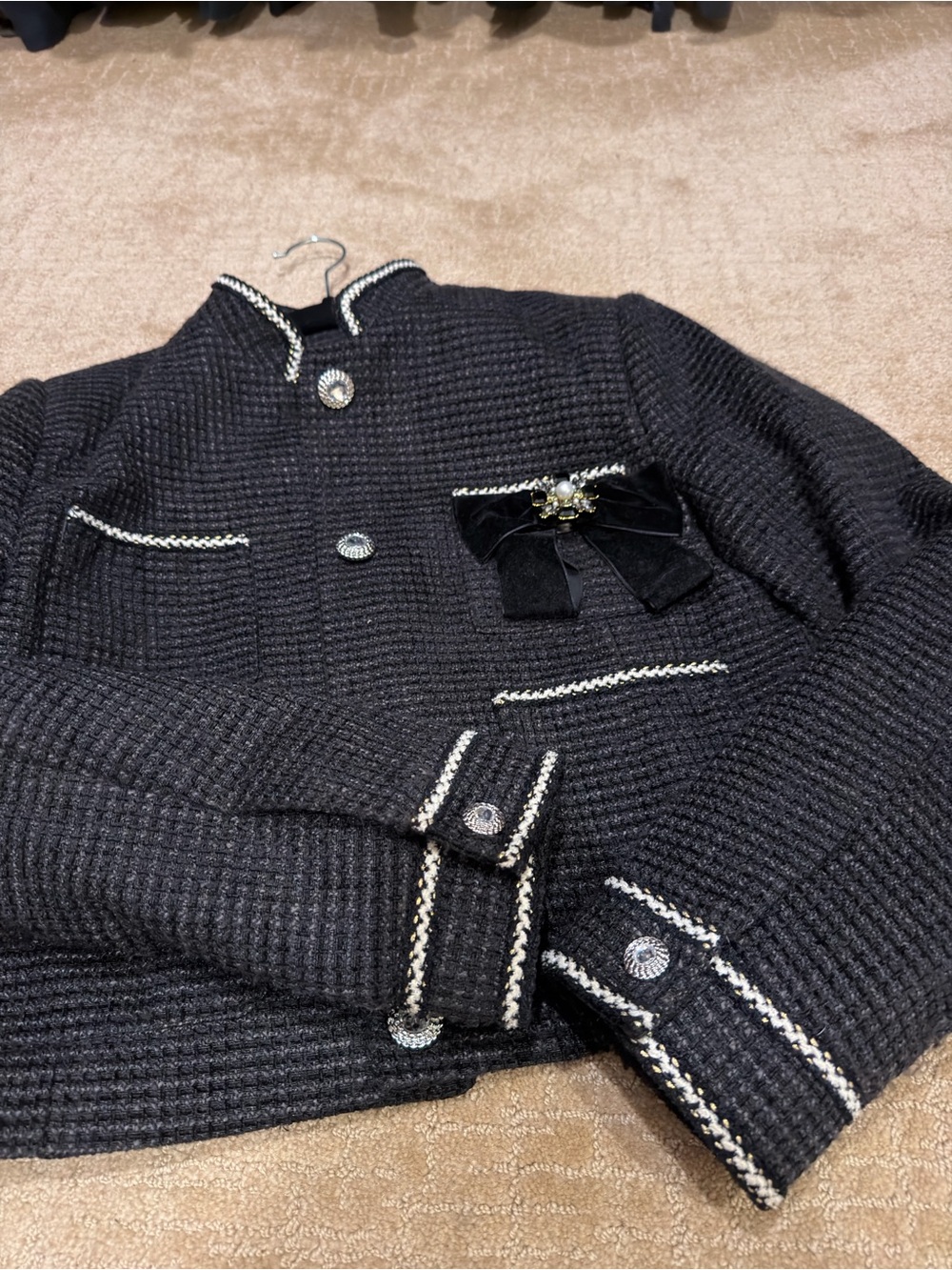Avec Les Filles Black White Tweed Cropped Jacket Blazer S - Picture 6 of 14